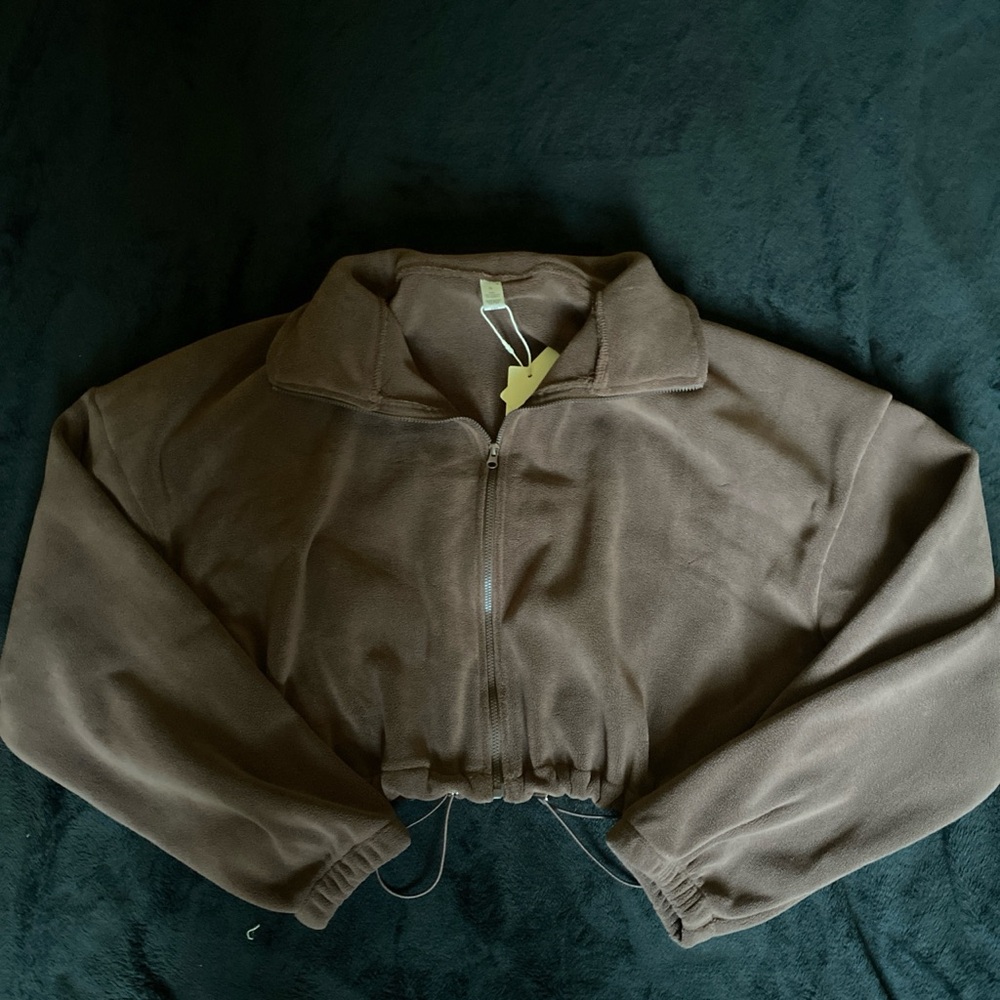 Brown Cropped Zip-Up Fleece Jacket